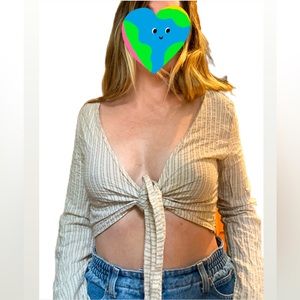 Boho Granola Cream and Tan Striped Reversible Tie Shrug Crop Top - W’s Small (8)